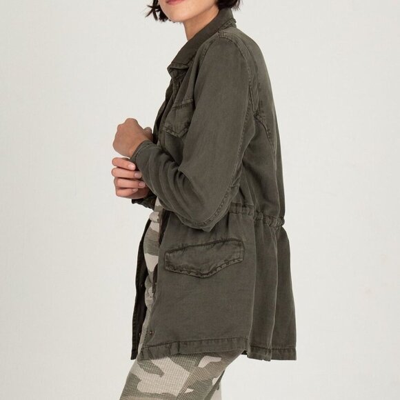 Monrow Green Military Utility Jacket Linen Blend Snap Button Medium Lightweight - Picture 3 of 6